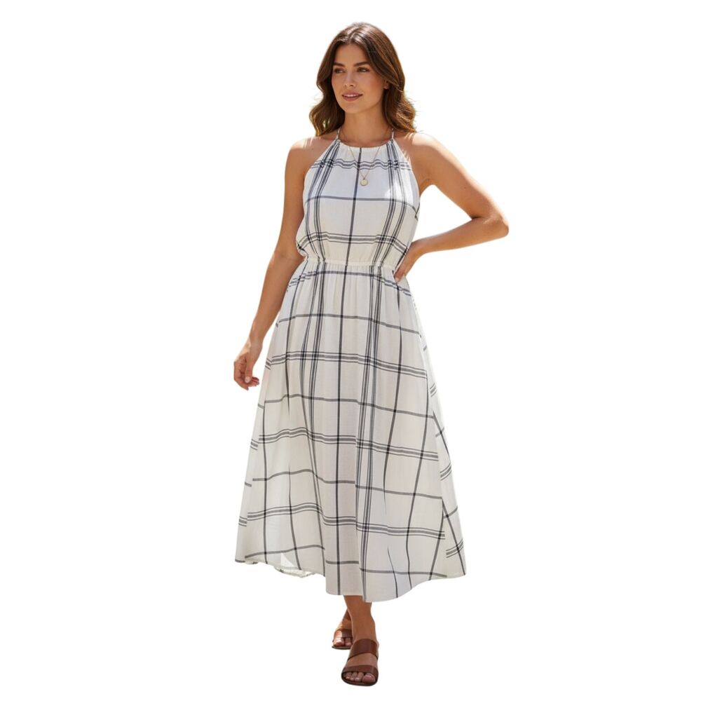 Forever 21 Halter Dress Black and White Plaid Print Fitted Waist Large